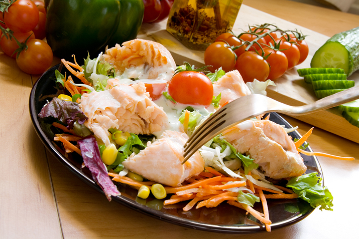 Grilled Salmon Salad with Tzatziki-Feta Dressing