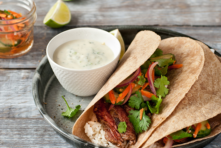 Sirloin Wrap with Pickled Vegetables and Minted Yogurt Sauce