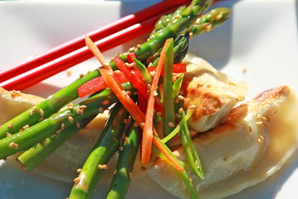 Sesame-Roasted-Asparagus-with-Warm-Pot-Stickers