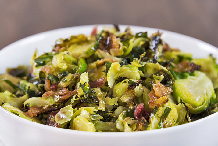 Slivered Brussels Sprouts with Bacon and Maple Syrup