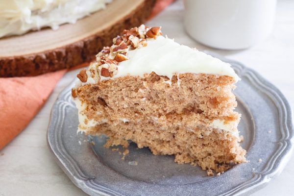 Slice of hummingbird cake on a plate