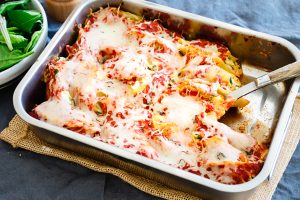 Glass Casserole Dish with Chicken Ricotta Stuffed Shells