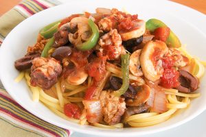 Tempeh cacciatore on pasta