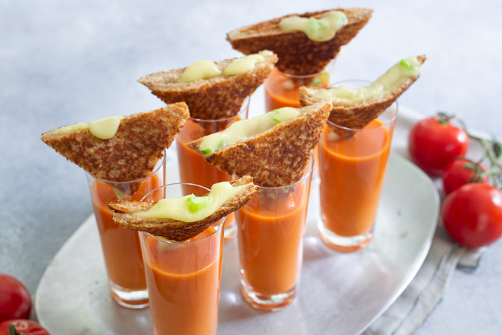Creamy Tomato Soup Shooters with Grilled Brie