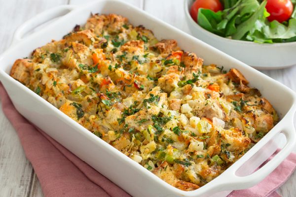 Bread and Veggie Casserole in a casserole dish
