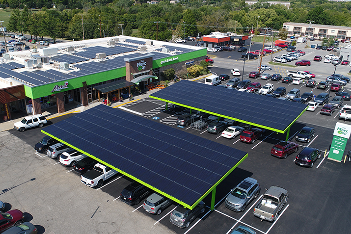 Solar panels across The Merc Co+op in Lawrence, KS