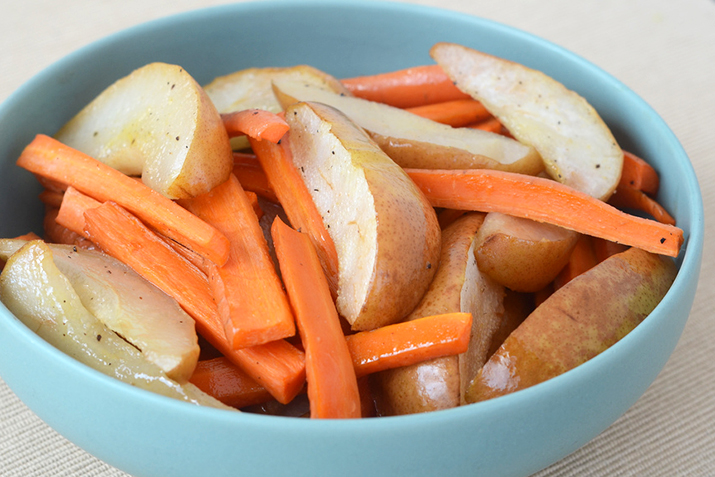 Bowl of roasted pears and carrots
