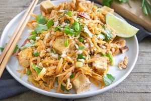 Plate of Tofu Pad Thai with cilantro and green onions