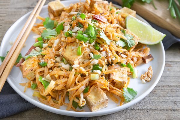 Plate of Tofu Pad Thai with cilantro and green onions