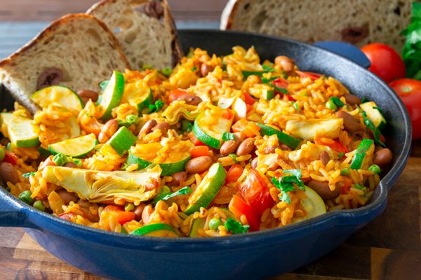 Pan of White Bean and Vegetable Paella