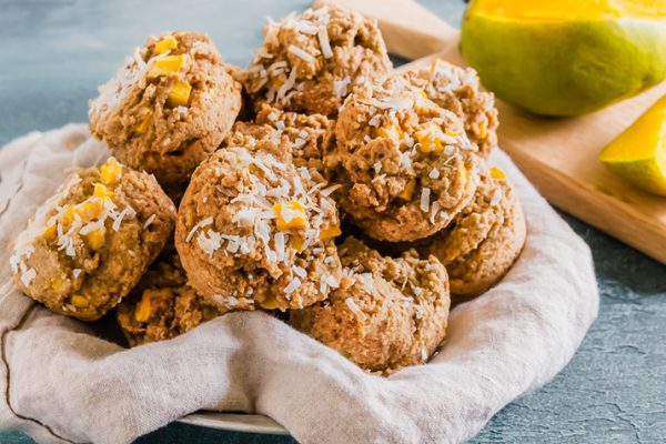 Serving bowl of coconut mango muffins