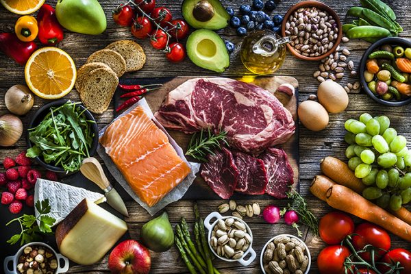 Overhead shot of meats and produce