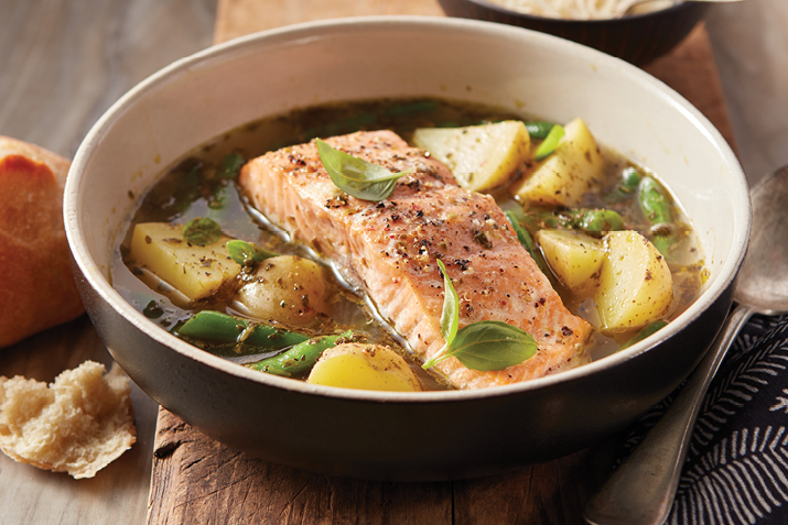 Roasted Salmon and Vegetables in Pesto Broth
