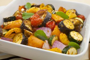 Roasted Ratatouille in a White Casserole Dish
