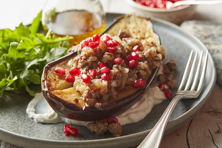 Roasted Eggplant Stuffed with Spicy Beef