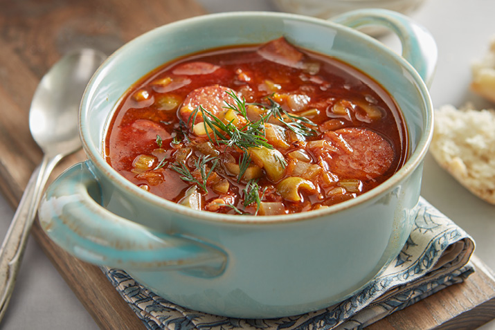Solyanka (Kielbasa Soup with Olives)