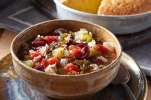 Big bowl of red beans and rice soup with lots of veggies